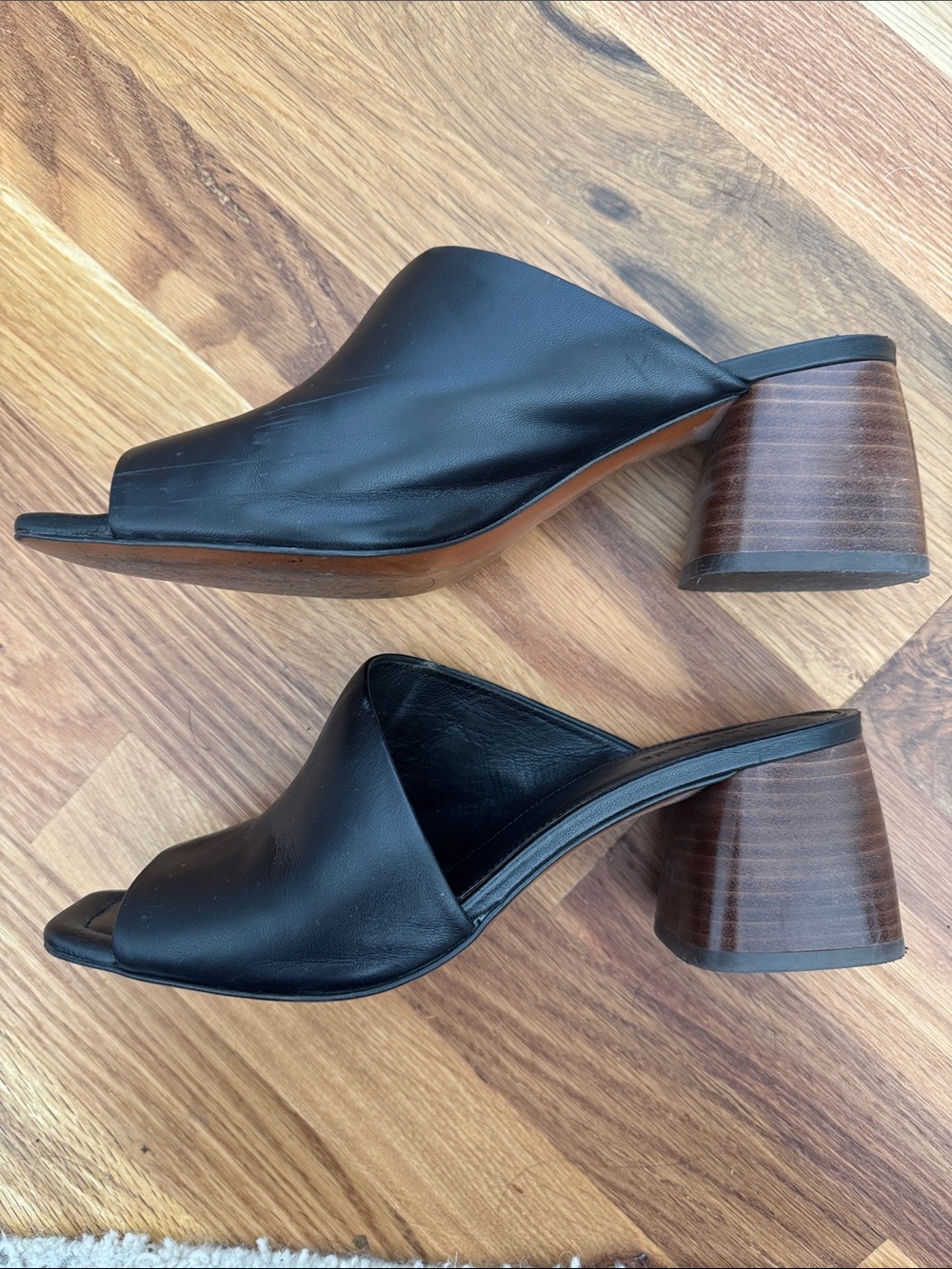 Whistles Black Leather Open Toe Mule Sandals with Stacked Wood Heel